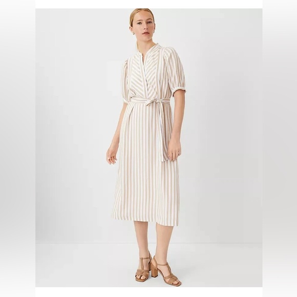NEW $159 ANN TAYLOR BAGUETTE STRIPED PUFF SLEEVE MIDI SHIFT DRESS SZ 12 - Picture 1 of 3